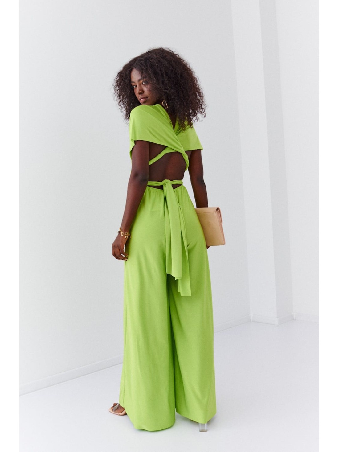 Elegant jumpsuit with wide legs and a tied top, lime 44610 - Online store - Boutique